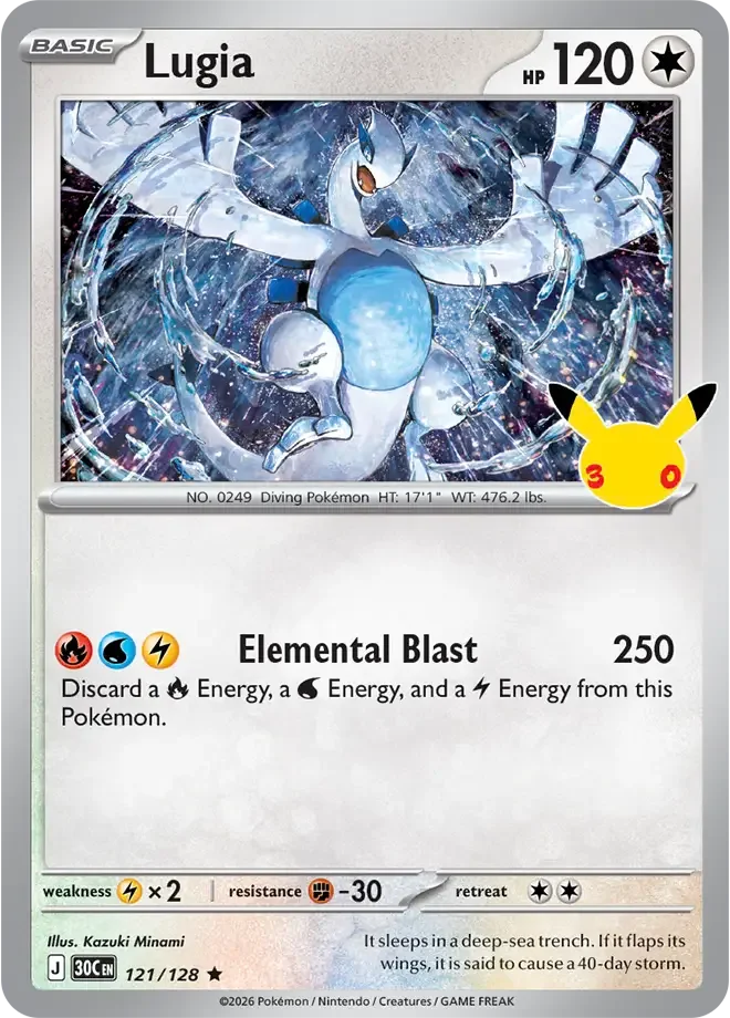 121/128 Lugia Pokemon 30th Anniversary Card List Celebration