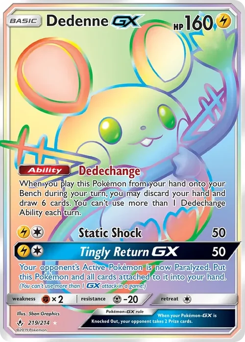 219/214 Dedenne GX Rainbow Rare Pokemon Card