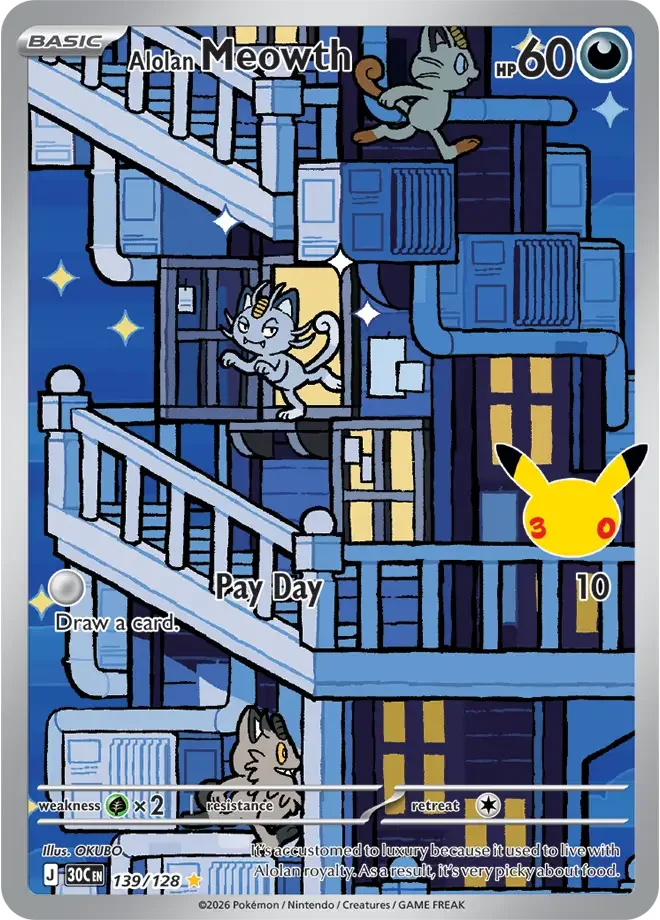 139/128 Alolan Meowth Illustration Rare Pokemon 30th Anniversary Card List Celebration