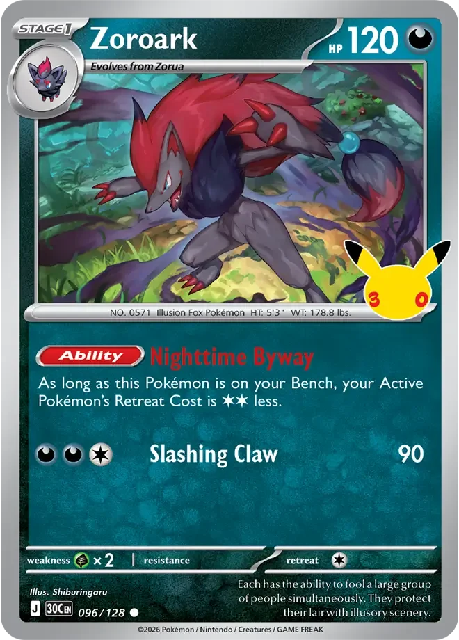 096/128 Zoroark Common Pokemon 30th Anniversary Card List Celebration