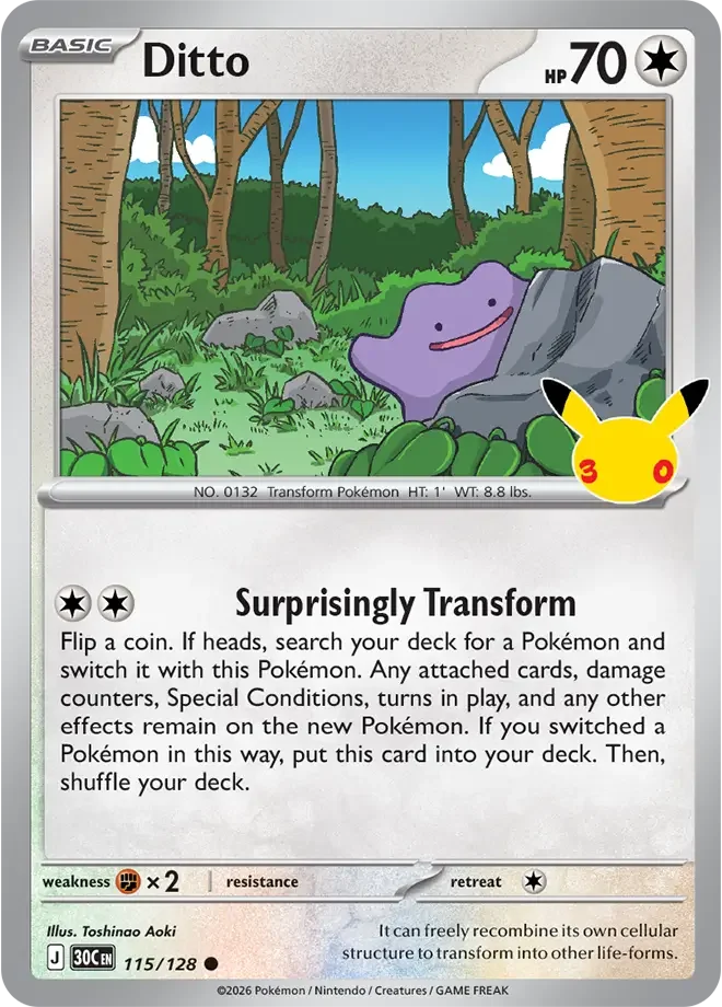 115/128 Ditto Common Pokemon 30th Anniversary Card List Celebration