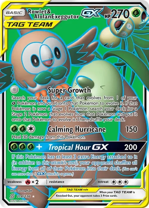 214/236 Rowlet & Alolan Exeggutor GX Full Art Ultra Rare Pokemon Card