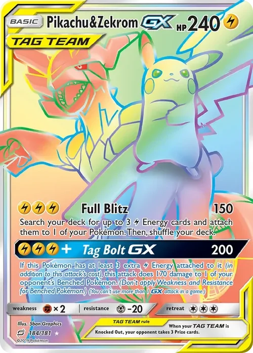 184/181 Pikachu & Zekrom GX Rainbow Rare Pokemon Card