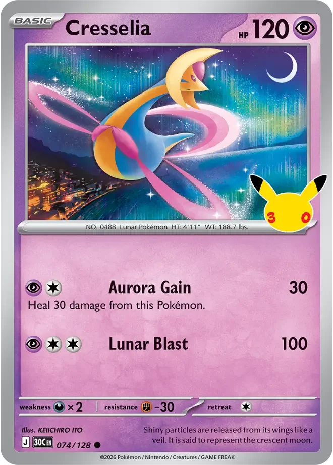 074/128 Cresselia Common Pokemon 30th Anniversary Card List Celebration
