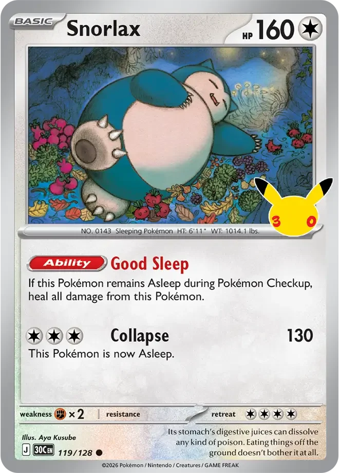 119/128 Snorlax Common Pokemon 30th Anniversary Card List Celebration