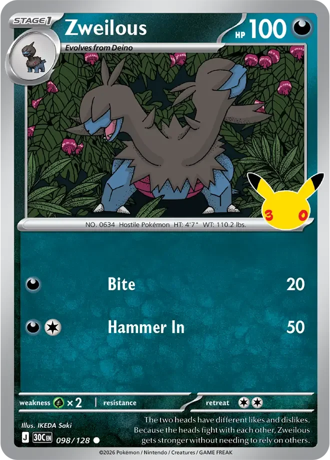 098/128 Zweilous Common Pokemon 30th Anniversary Card List Celebration