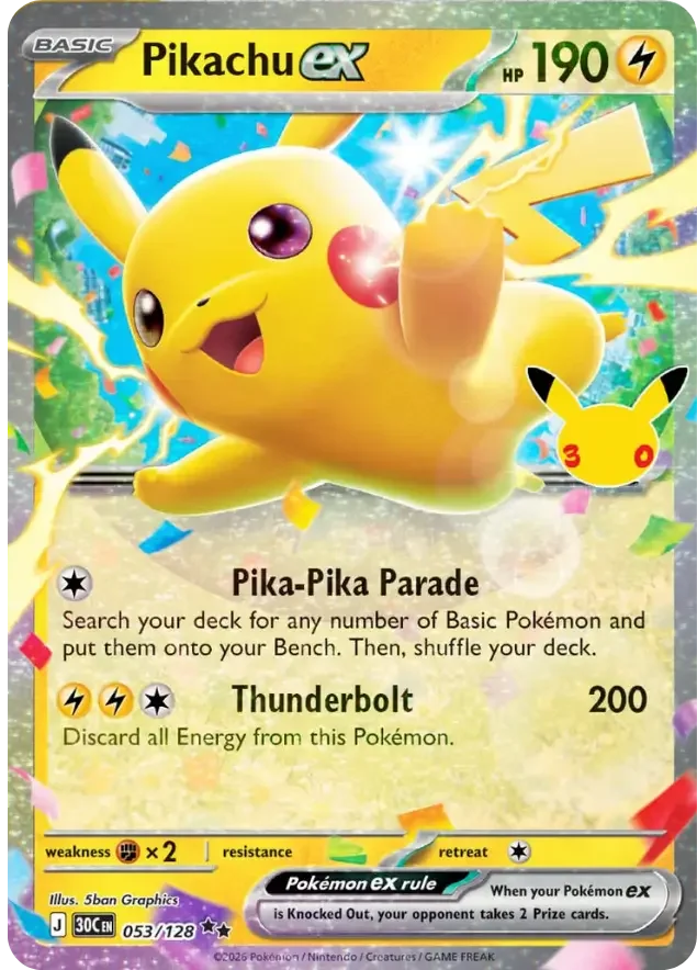 53/128 Pikachu ex Double Rare Pokemon 30th Celebration Card List Celebration