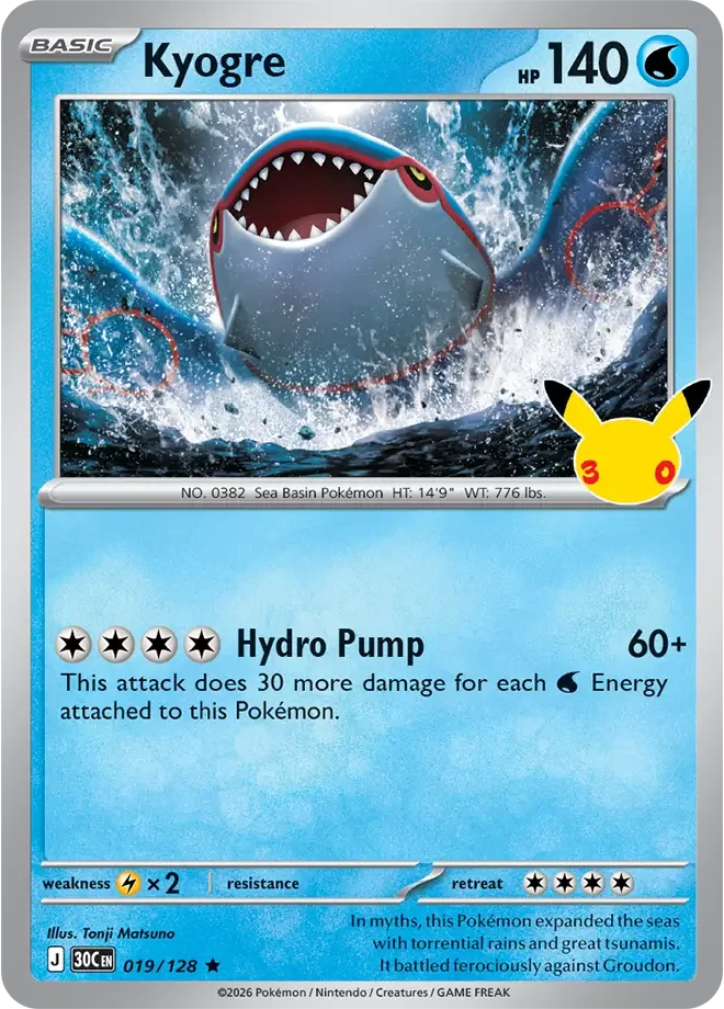 019/128 Kyogre Rare Pokemon 30th Anniversary Card List Celebration
