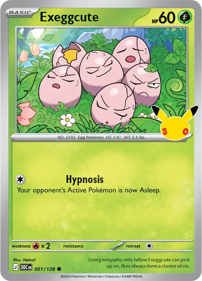 001/128 Exeggcute Common Pokemon 30th Anniversary Card List Celebration