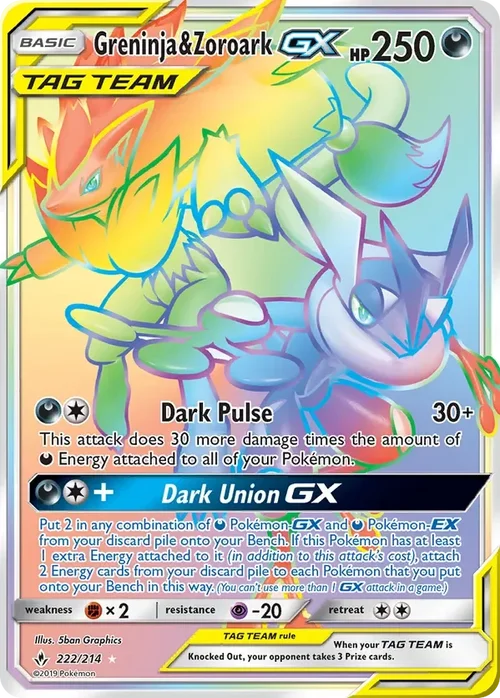 222/214 Greninja & Zoroark GX Rainbow Rare Pokemon Card