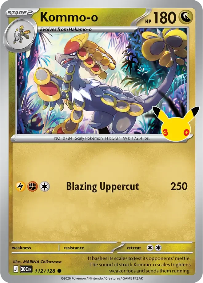 112/128 Kommo-o Common Pokemon 30th Anniversary Card List Celebration