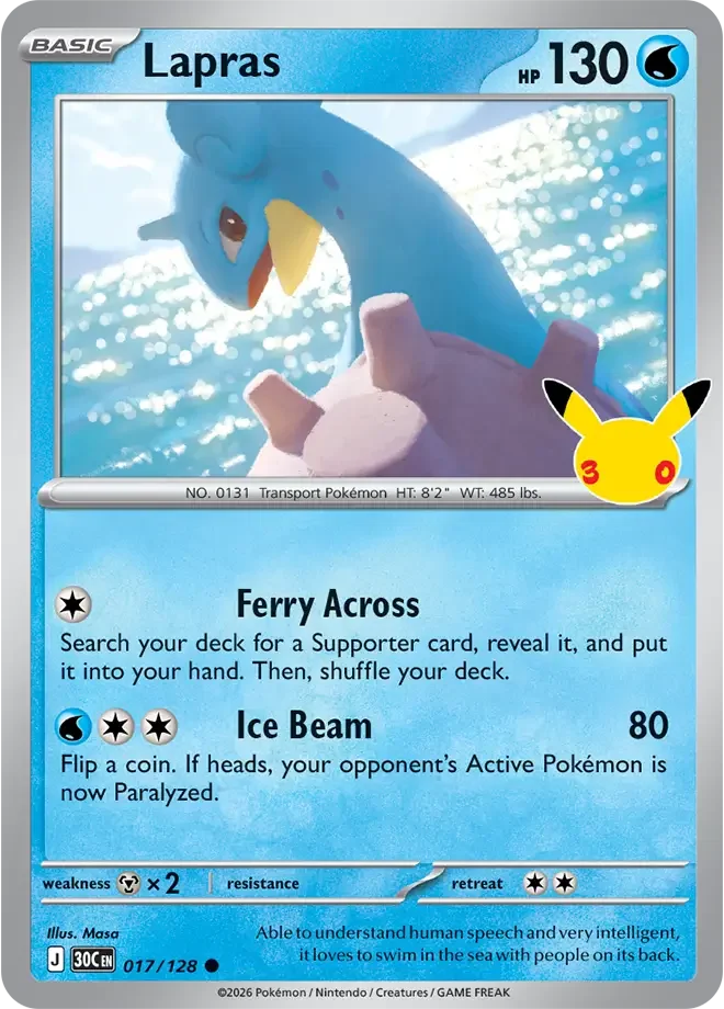 017/128 Lapras Common Pokemon 30th Anniversary Card List Celebration
