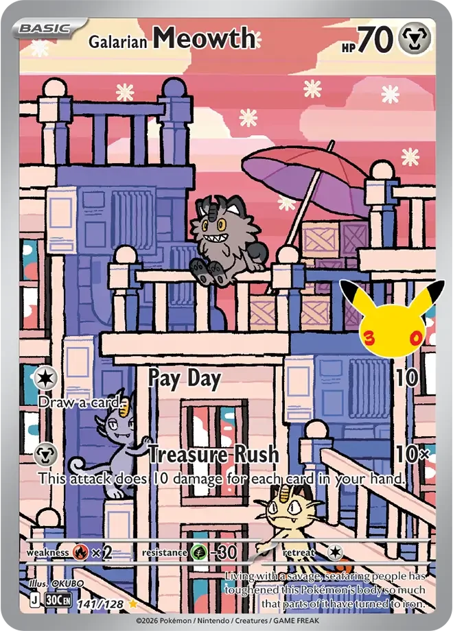 141/128 Galarian Meowth Illustration Rare Pokemon 30th Anniversary Card List Celebration