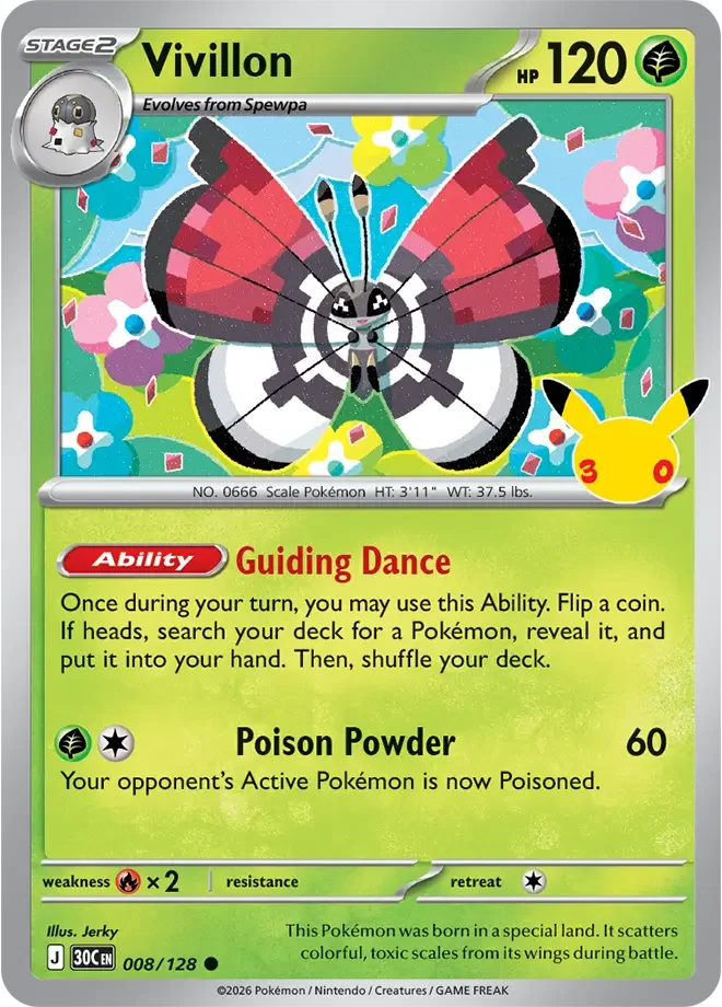 008/128 Vivillon Common Pokemon 30th Anniversary Card List Celebration