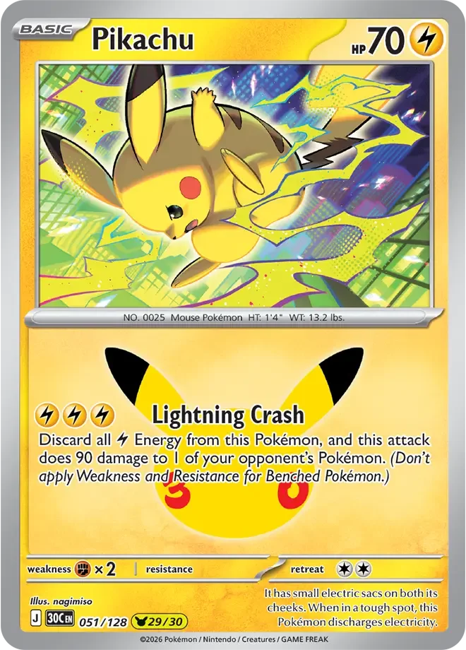 051/128 Pikachu Pokemon 30th Anniversary Card List Celebration