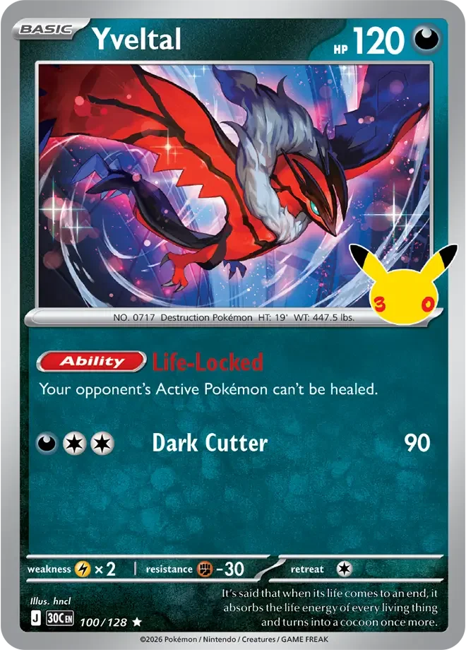 100/128 Yveltal Rare Pokemon 30th Anniversary Card List Celebration
