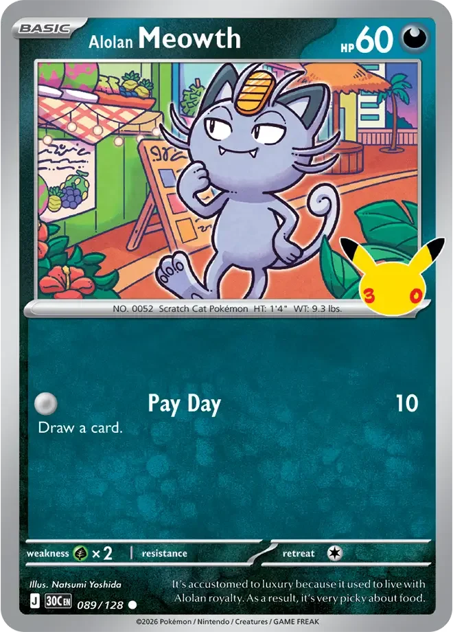 089/128 Meowth Common Pokemon 30th Anniversary Card List Celebration