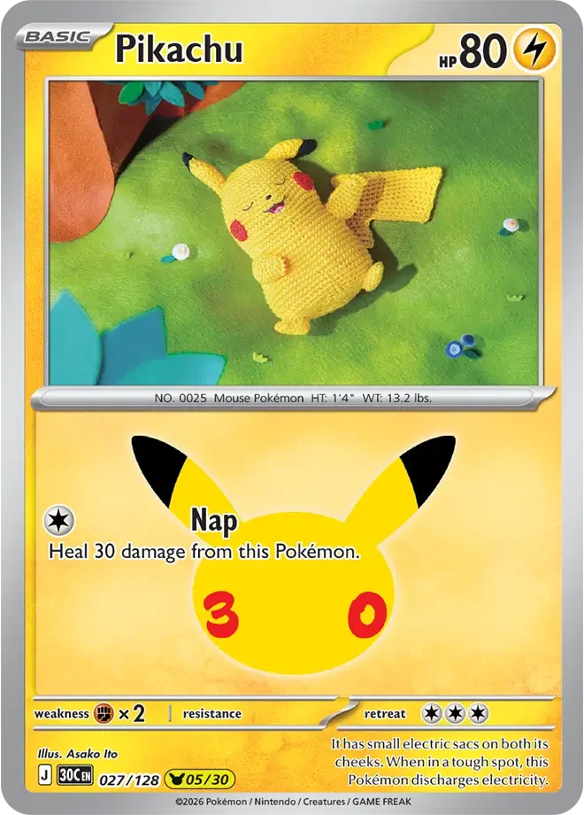 027/128 Pikachu Pokemon 30th Anniversary Card List Celebration