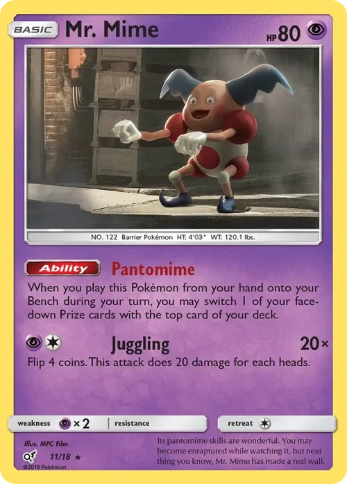 11/18 Mr. Mime Rare from Detective Pikachu Pokemon Card