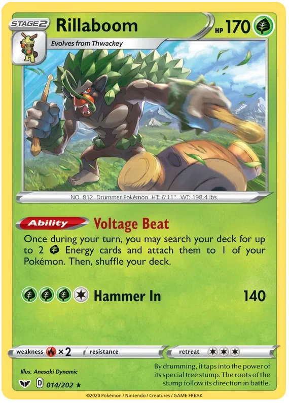 Rillaboom 14 Pokemon card from Sword & Shield set