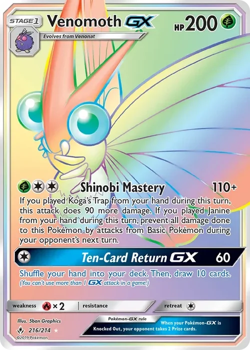 216/214 Venomoth GX Rainbow Rare Pokemon Card