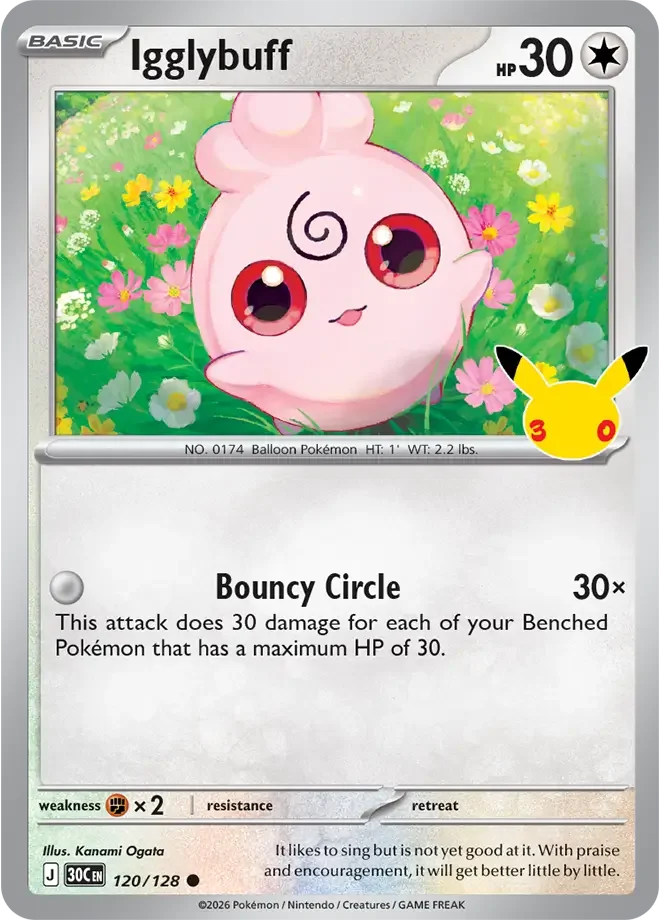 120/128 Igglybuff Common Pokemon 30th Anniversary Card List Celebration