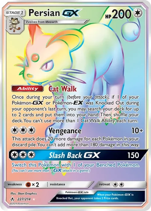 227/214 Persian GX Rainbow Rare Pokemon Card