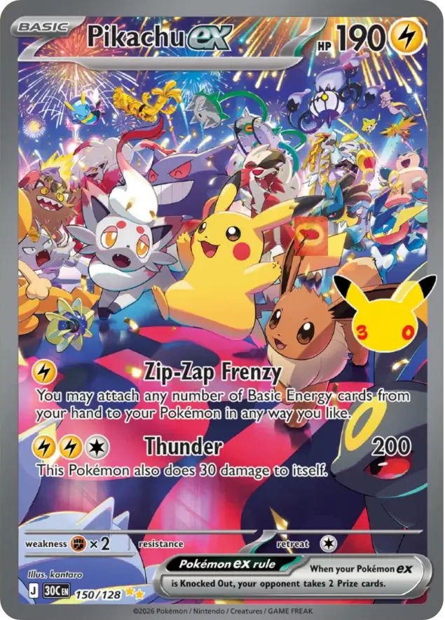 150/128 Pikachu ex Illustration Rare Pokemon 30th Anniversary Card List Celebration