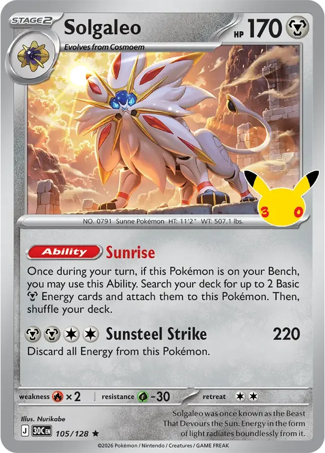 105/128 Solgaleo Rare Pokemon 30th Anniversary Card List Celebration