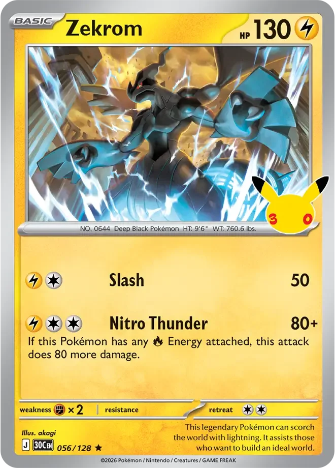 056/128 Zekrom Rare Pokemon 30th Anniversary Card List Celebration