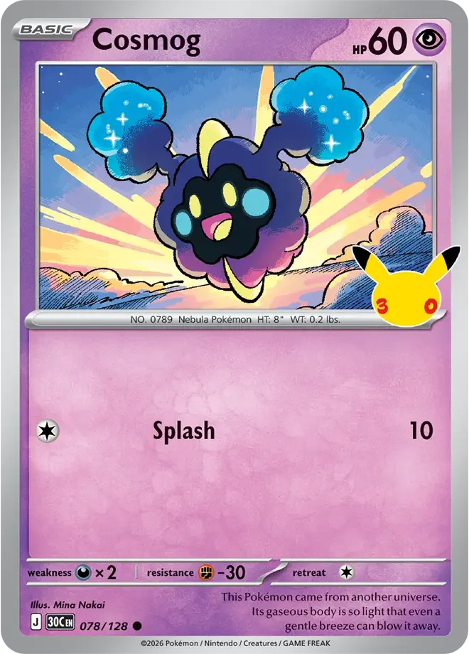 078/128 Cosmog Common Pokemon 30th Anniversary Card List Celebration