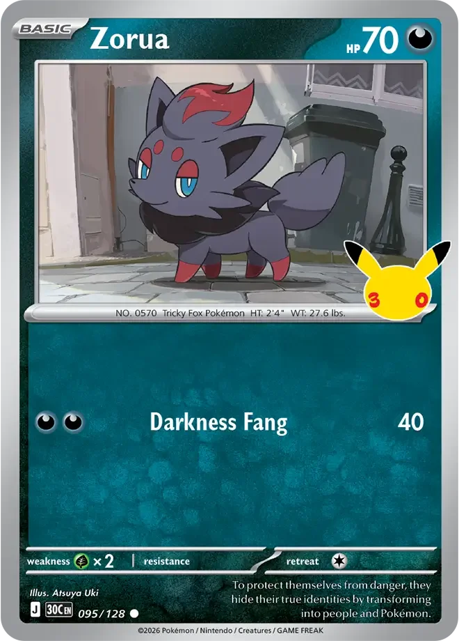 095/128 Zorua Common Pokemon 30th Anniversary Card List Celebration
