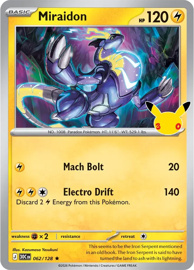062/128 Miraidon Rare Pokemon 30th Anniversary Card List Celebration