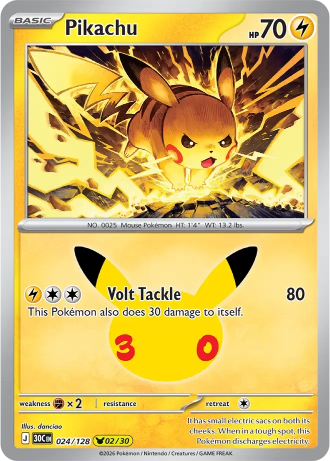 024/128 Pikachu Pokemon 30th Anniversary Card List Celebration