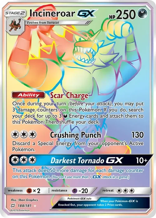 188/181 Incineroar GX Rainbow Rare Pokemon Card