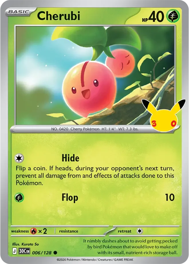 006/128 Cherubi Common Pokemon 30th Anniversary Card List Celebration