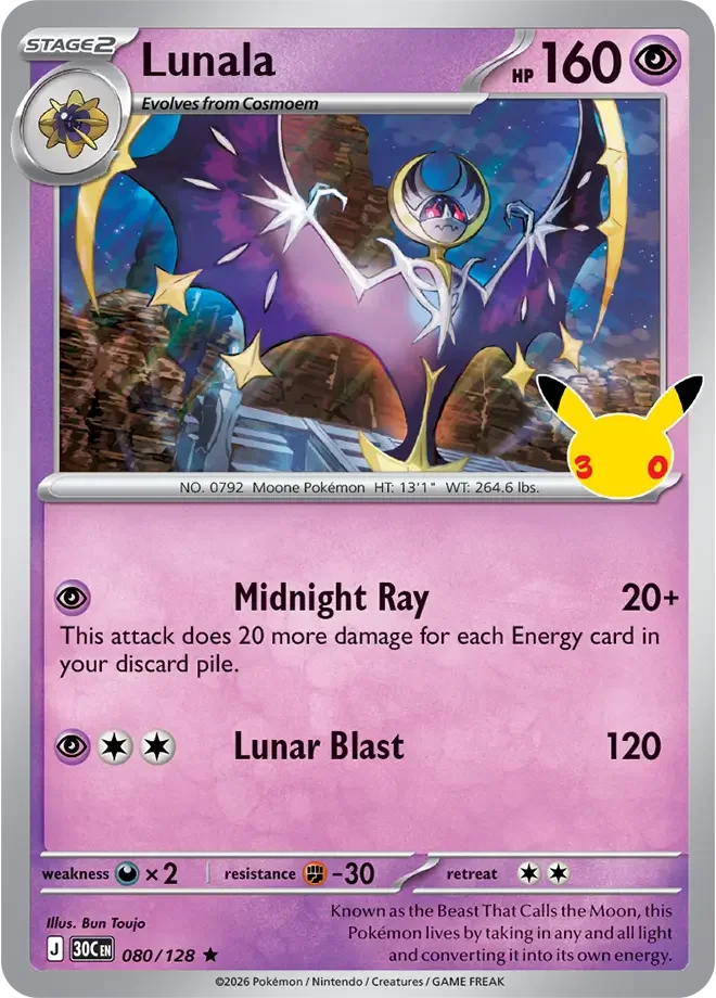 080/128 Lunala Rare Pokemon 30th Anniversary Card List Celebration