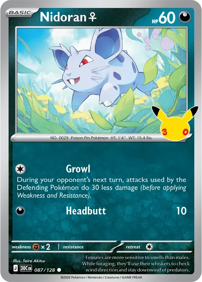 087/128 Nidoran♀ Common Pokemon 30th Anniversary Card List Celebration