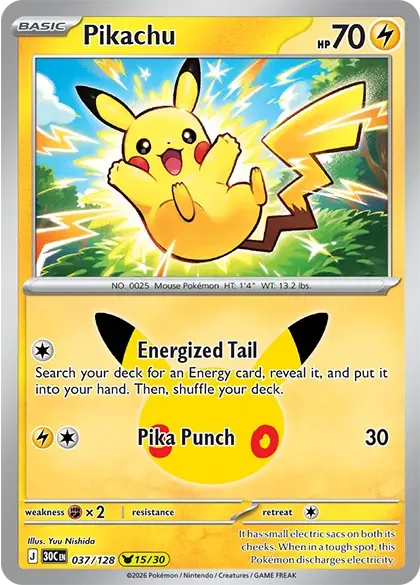 Pikachu 15 Pokémon card from Pokemon 30th Anniversary set