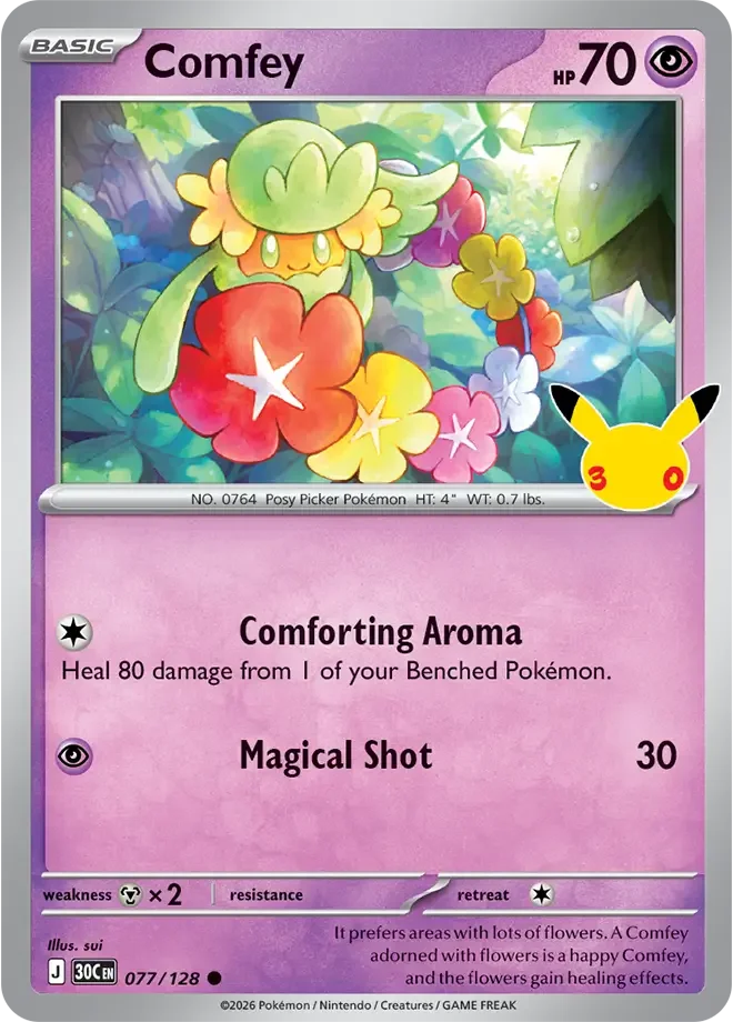 077/128 Comfey Common Pokemon 30th Anniversary Card List Celebration