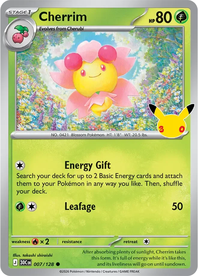007/128 Cherrim Common Pokemon 30th Anniversary Card List Celebration
