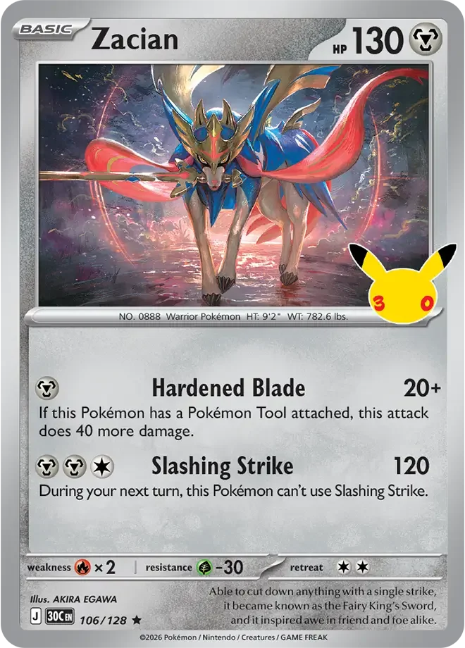 106/128 Zacian Rare Pokemon 30th Anniversary Card List Celebration