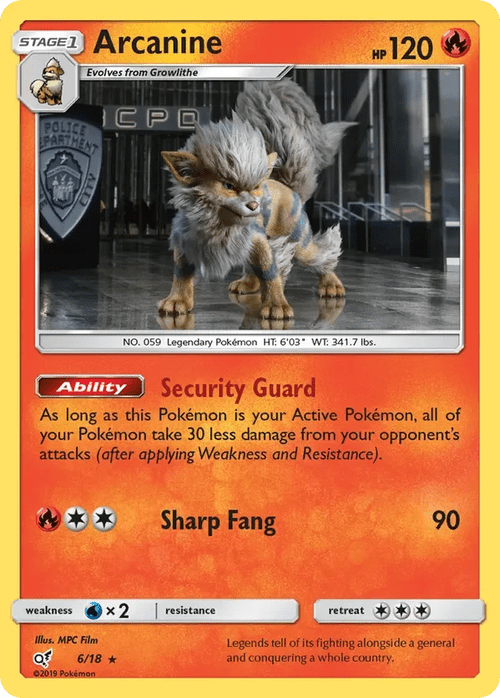 6/18 Arcanine Rare from Detective Pikachu Pokemon Card