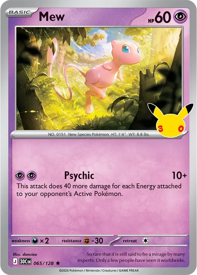 065/128 Mew Rare Pokemon 30th Anniversary Card List Celebration