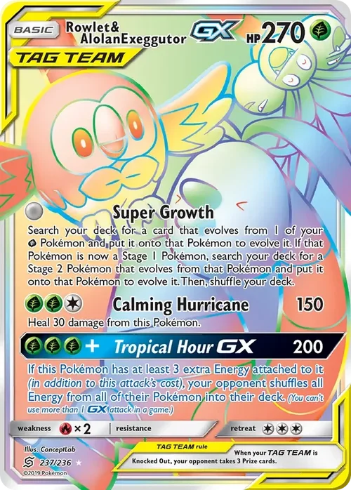 237/236 Rowlet & Alolan Exeggutor GX Rainbow Rare Pokemon Card