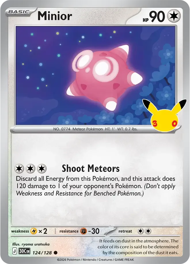 124/128 Minior Common Pokemon 30th Anniversary Card List Celebration