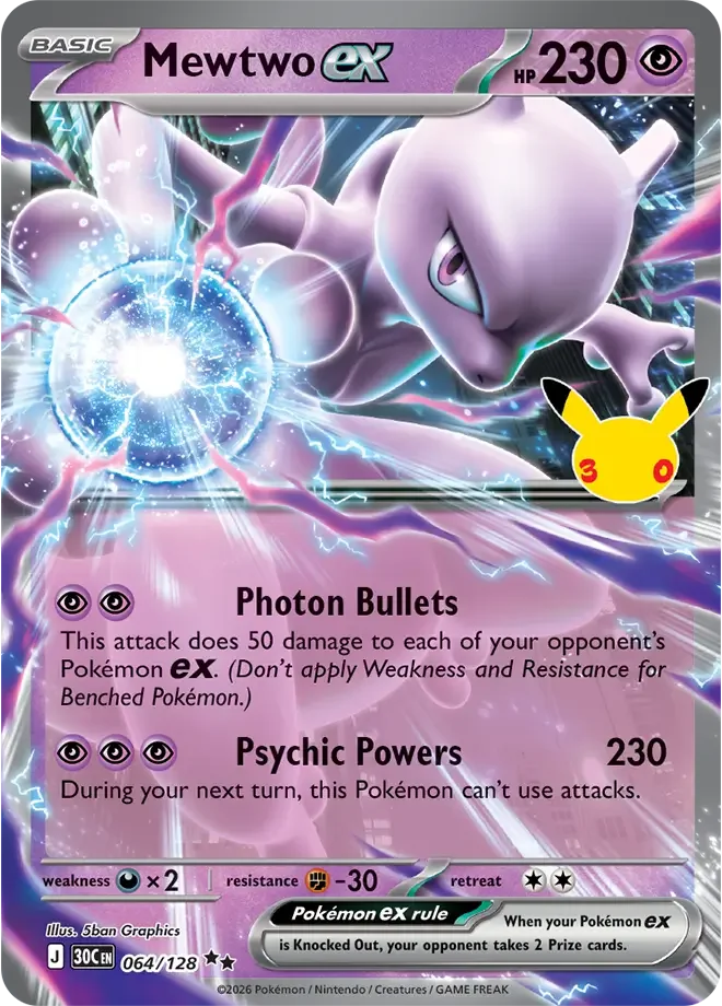 064/128 Mewtwo ex Double Rare Pokemon 30th Anniversary Card List Celebration