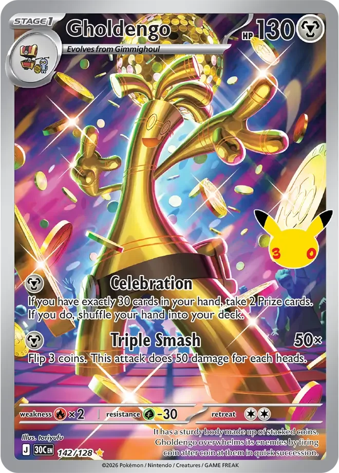 142/128 Gholdengo Illustration Rare Pokemon 30th Anniversary Card List Celebration