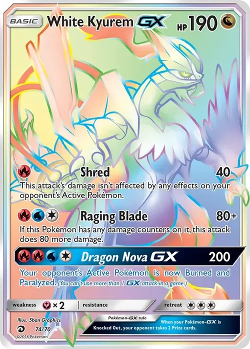 74/70 White Kyurem GX Rainbow Rare Pokemon Card