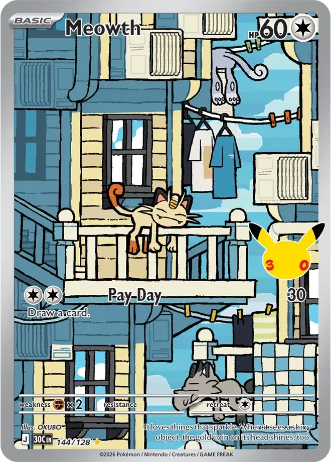 144/128 Meowth Illustration Rare Pokemon 30th Anniversary Card List Celebration